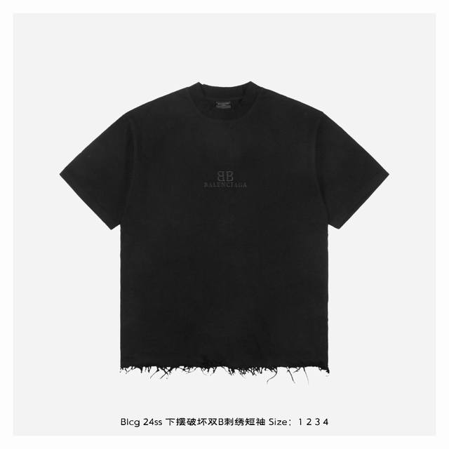 Balenciaga 巴黎世家 24Ss 下摆破坏双b刺绣短袖 面料采用230克重精梳棉，定制32支1*1螺纹，成衣两遍水洗处理，面料舒适亲肤无异感，定制定染面