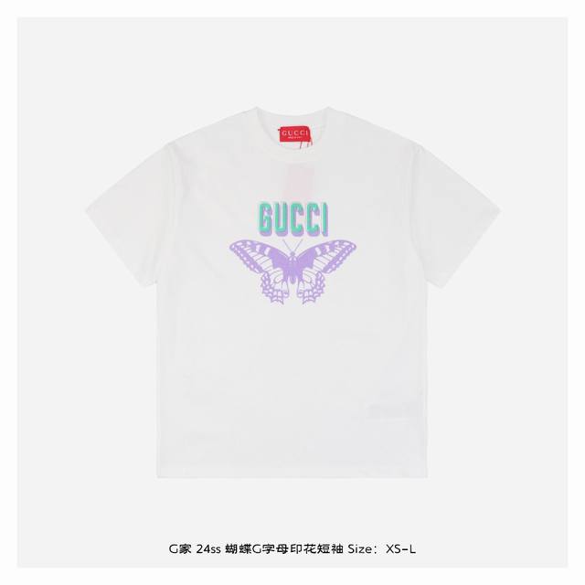 Gucci 古驰 24Ss 蝴蝶g字母印花短袖 面料采用32支双纱240克重精梳棉，定制32支1*1螺纹，成衣两遍水洗处理，面料舒适亲肤无异感，定制定染面料，