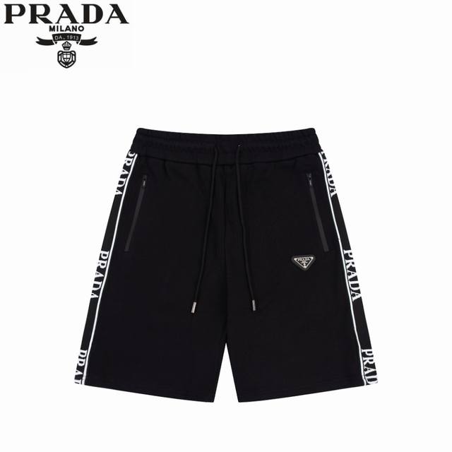 Prada 普拉达24Fw串标 织带串标logo短裤 定制纯棉面料 织带拼接 定制三角章logo 男女同款 休闲短裤 五分裤 颜色：黑 尺码：Xs-L