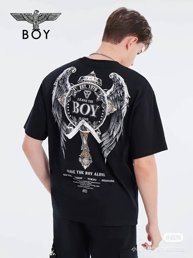 新款上新 Boy London 24Ss新款印花230克重双纱紧密纯棉面料 闪耀银币 Boylondon秋季男女同款烫钻做旧翅膀印花t恤 烫银幻彩大翅膀印花情侣