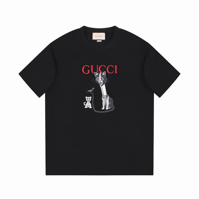 顶级版本 古驰 Gucci 2024Ss春夏季新款 长尾猫logo刺绣 短袖t恤男女同款！ 32支双270克高品质 全精梳棉，此款t胸前饰动物图案设计 Gucc