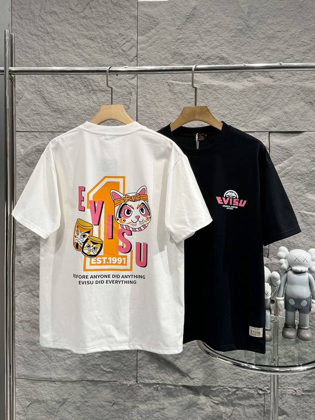 福神 Evisu 福神2024夏季新款太鼓猫头1印花休闲宽松情侣款 短袖t恤 1 细节:版本一比一复刻，吊牌 领标 水洗。 面料：采用40织双纱240克面料，原