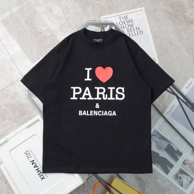 纯原臻品 顶级复刻 Balenciaga 巴黎世家新款七夕爱心限定印花圆领短袖t恤 - 颜色：水洗黑 - 购入原版开模打造，全套定制辅料，细节决定成败 - 巴黎