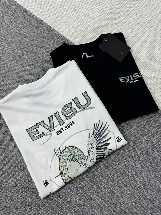 Evisu 福神 24Ss夏季后背海浪飞鹤印花情侣短袖t恤 颜色：黑色 白色 尺码：M L Xl 2Xl 3Xl 如今热销的顶级流量款！高品质260克双纱面料，