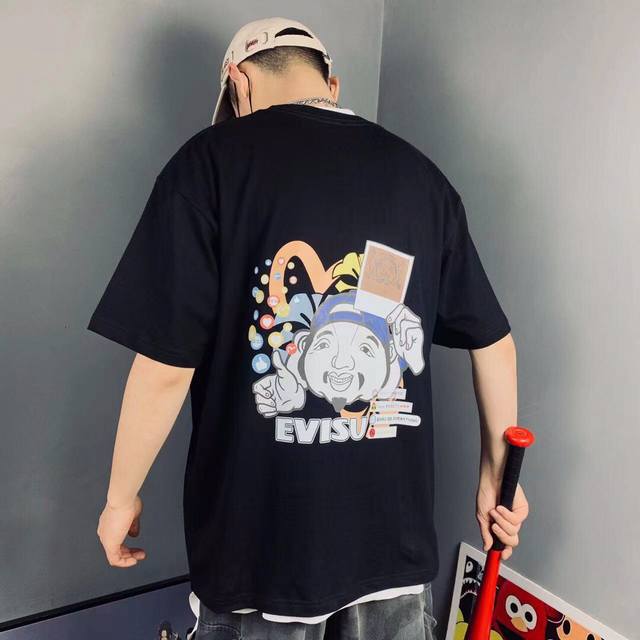 Evisu 福神海鸥达摩大m印花男女休闲短袖t恤 胸前字母logo和双幻彩印花图案完美配色！不得不推荐一款非常受欢迎的硬货！夏季你需要这样一件超百搭的t恤 大幅