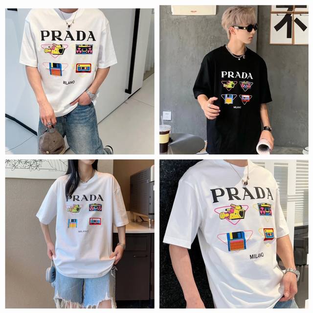 Prada 普拉达 2024新款 胸前大logo印花圆领纯棉短袖t恤 颜色都是定制定染,手感非常舒服 超级百搭好看的一款短袖 三标齐全 非市场普通版本 随意对比