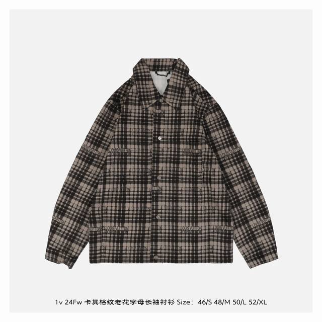 LV 24Fw 卡其格纹老花字母长袖衬衫 定制字母Logo标志牛仔帆布面料，满身经典品牌标识，低调黑白格纹搭配纽扣开合，门襟和手袖，休闲款式风格不挑人穿，经典剪