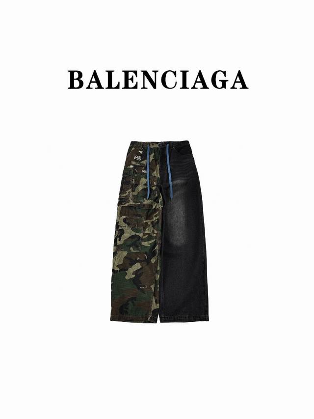 Balenciaga巴黎世家BLCG 迷彩拼接阔腿工装牛仔长裤 ，洗水效果极佳，手感透气厚实，纯手工制作工艺，各部位细节高定金属，对版十字格迷彩多口袋设计，磨破