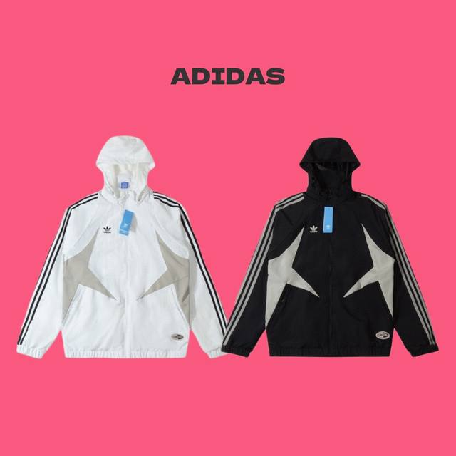 ADIDAS 阿迪达斯三叶草 24ss 爆款刺绣小标拼接夹克薄款外套 帽子可拆卸 帽衫 立领两穿 顶级代购版本 Color：黑色 白色 Size：M L XL