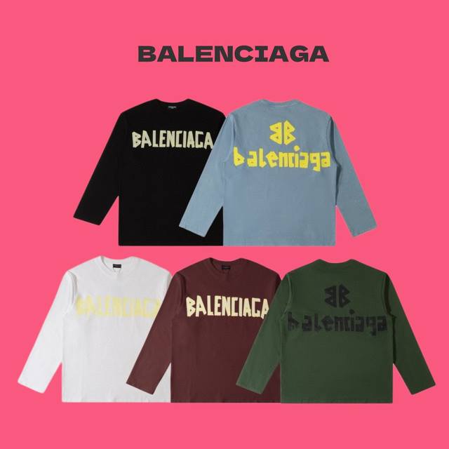 BALENCIAGA 巴黎世家 经典双 B 黄胶带logo字母印花五色情侣款圆领长袖T恤-顶级复刻版本 Color：黑色 蓝色 绿色 红色 白色 Size：S