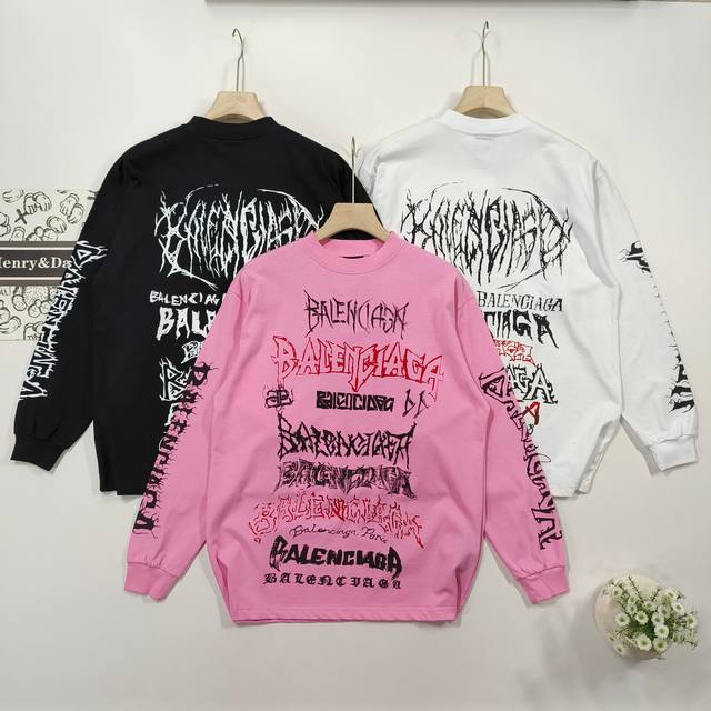 尺码XS-L 早秋上新 Balenciaga 巴黎世家 24ss早秋新款龙年满印涂鸦哥特洗水Logo长袖T恤男女同款袖子收口设计 购入原版开模打造，全套定制辅料