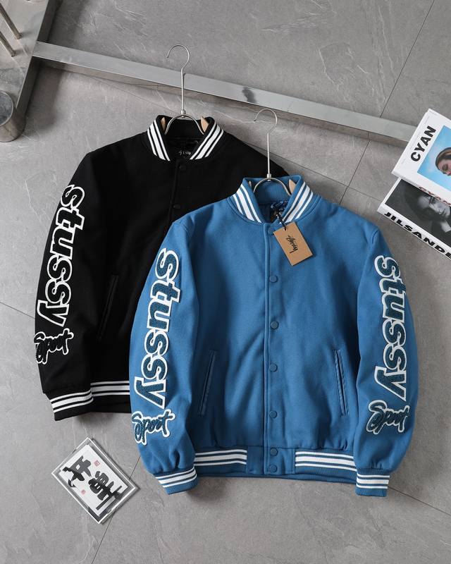 实拍图 斯图西双袖植绒贴布棒球服 Stussy新款24SS VARSITY JACKET 双袖植绒贴布刺绣棒球服 男女同款 2024春夏 高热单品双袖经典的字母