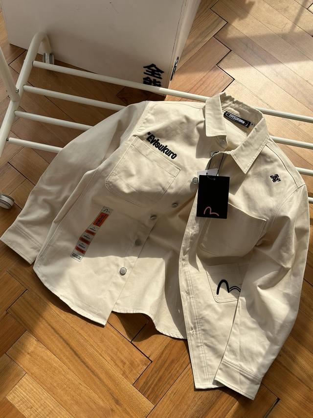 EVISU KURO 春夏海鸥刺绣宽松男士休闲衬衫外套男2ESGNM1SJ763LF 米白 m～xxl 原版定织高密纯棉面料，成衣水洗，质感十足，进口刺绣log