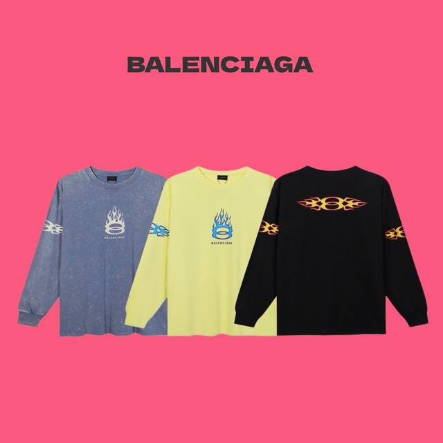 BALENCIAGA 巴黎世家 24ss 前后手臂火焰 logo 字母印花情侣款圆领长袖T恤-顶级复刻版本 Color：黑色 黄色 蓝色 Size：S M L