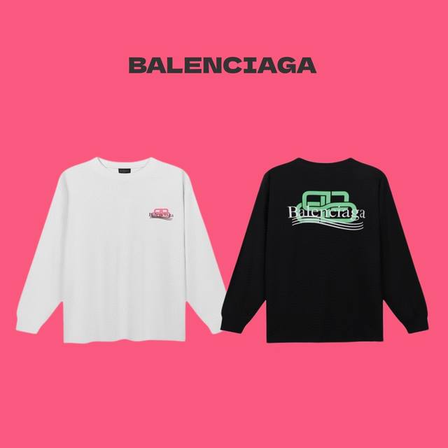 BALENCIAGA 巴黎世家 24ss 可乐海浪锁扣 logo 字母多标识印花情侣款圆领长袖T恤-顶级复刻版本 Color：黑色 白色 Size：S M L