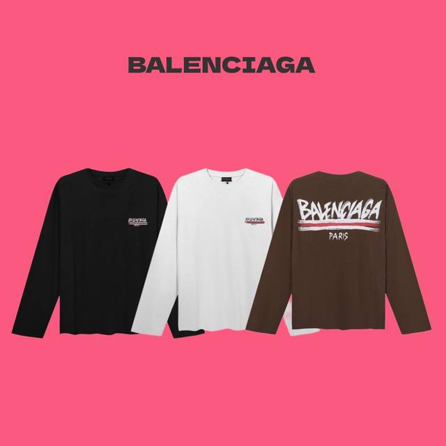 BALENCIAGA 巴黎世家 24ss 限定手绘涂鸦 logo 字母印花情侣款圆领长袖T恤-顶级复刻版本 Color：黑色 白色 卡其色 Size：S M L