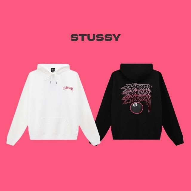 STUSSY 斯图西 24ss 黑 8 粉色弹幕 logo 印花毛圈连帽卫衣-顶级复刻版本 Color：白色 黑色 Size：S M L XL Number：2