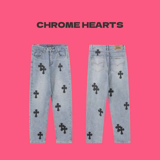 Chrome Hearts CH 克罗心经典黑皮十字架贴皮蓝色牛仔长裤休闲直筒裤-顶级版本 Color：蓝色黑皮 Size：28 30 32 34 Number