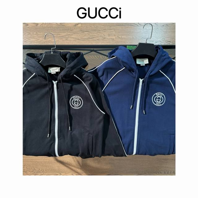 古驰 GUCCI 2024早秋新款字母刺绣外套logo连帽长袖卫衣拉链外套 定制420克高克重毛圈面料 舒适透气 ，手感细腻，高品质 ，网红明星同款 男女可穿