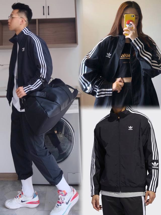 Adidas orginals Lock UpTT 阿迪 三叶草 袖管logo刺绣三条杠男女款美式复古运动休闲夹克外套 颜色：黑色. 材质：原厂防水透气塔丝隆面