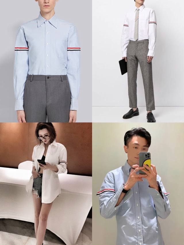 TB丨 THOM BROWNE 汤姆布朗臂环条纹纽扣男女情侣款牛津纺长袖衬衫. 颜色：蓝色 白色. 材质：纯棉牛津纺. 工艺：水洗. 尺码： 1 2 3 4码