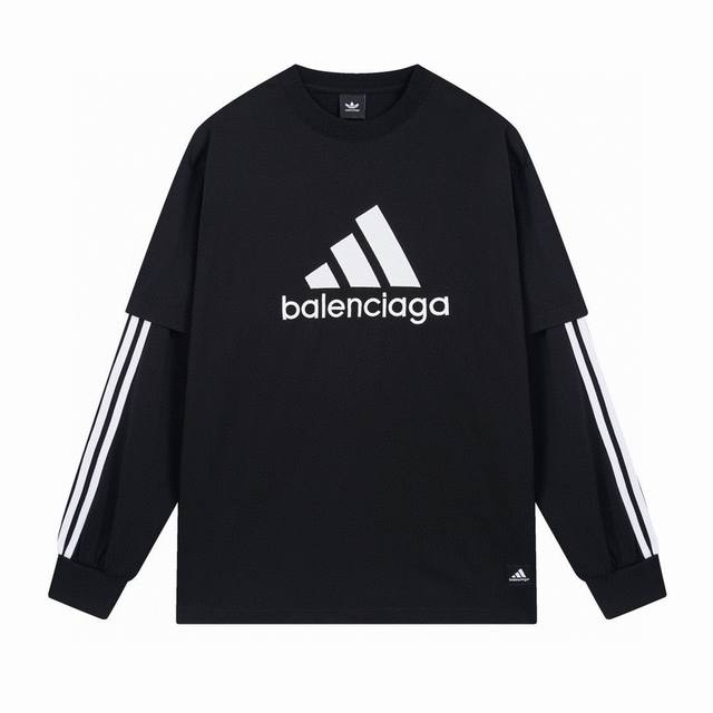 BALENCIAGA 巴黎世家联名Adidas阿迪达斯刺绣LOGO圆领假两件长袖T恤 本市场No.1的质量 真正天花板品质 全部原版开发注意细节图 避免被盗图商