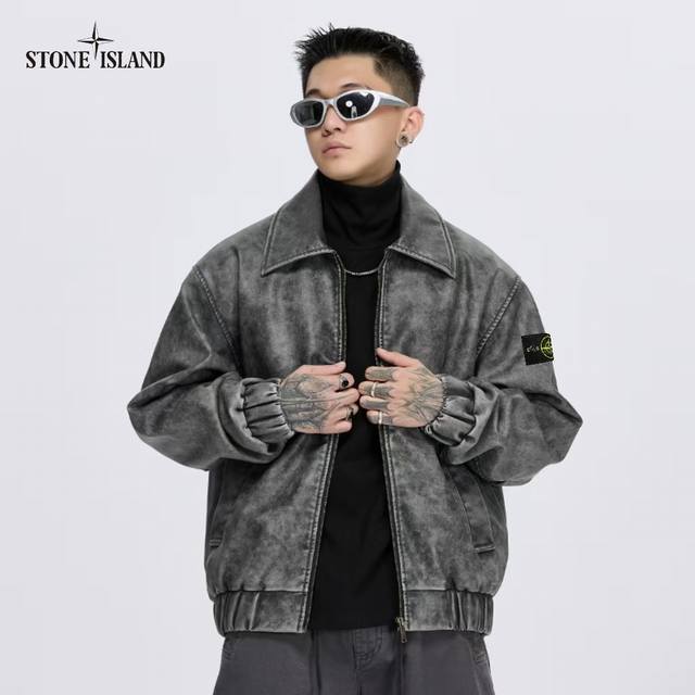 STONE ISLAND石头岛 美式复古做旧手工擦色PU皮茄克翻领机能工装宽松外套 网络线上 海内外人气爆款∽ 采用新颖独特外单优质PU皮料 宽松版 做旧擦色设