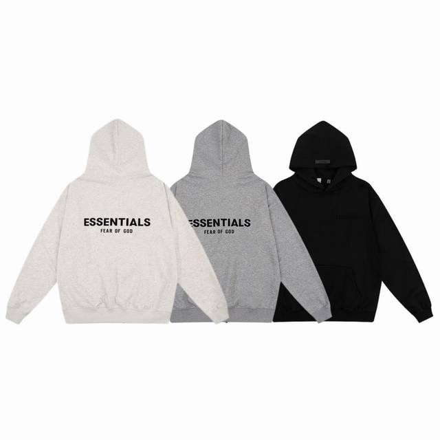 FEAR OF GOD FOG ESSENTIALS 复线经典植绒字母 logo 印花情侣毛圈连帽卫衣-最高品质 Color：黑色 浅灰 深灰 Size：S M