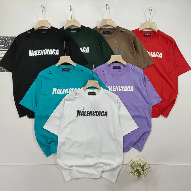 尺码XS-L 割烂印花7色齐发 BALENCIAGA 巴黎世家2024 SS 经典做旧破洞割烂印花短袖T恤 本市场No.1的质量 真正天花板品质 全部原版开发注