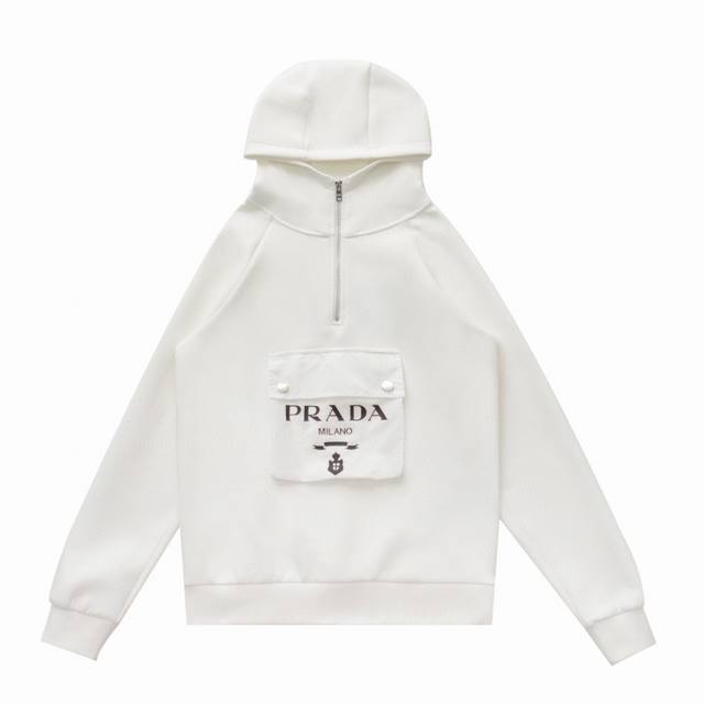 顶级复刻版本] 品名: Prada 普拉达 新款重工胸前尼龙大口袋半拉链休闲连帽卫衣 款号：68809 颜色：黑色 白色 尺码：S-XL Prada 普拉达 春