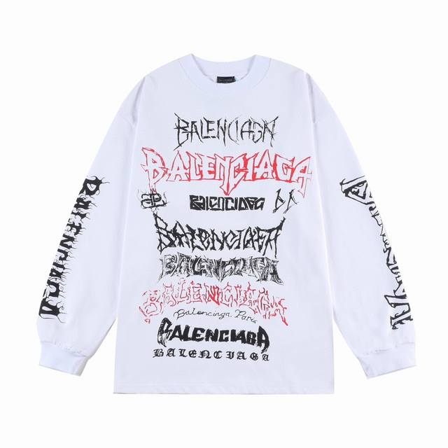 顶级复刻版本 ] 品名: Balenciaga 巴黎世家 新款龙年满印涂鸦哥特字母洗水做旧圆领长袖T恤 款号：632B47 颜色：黑色 白色 粉色 尺码：XS-