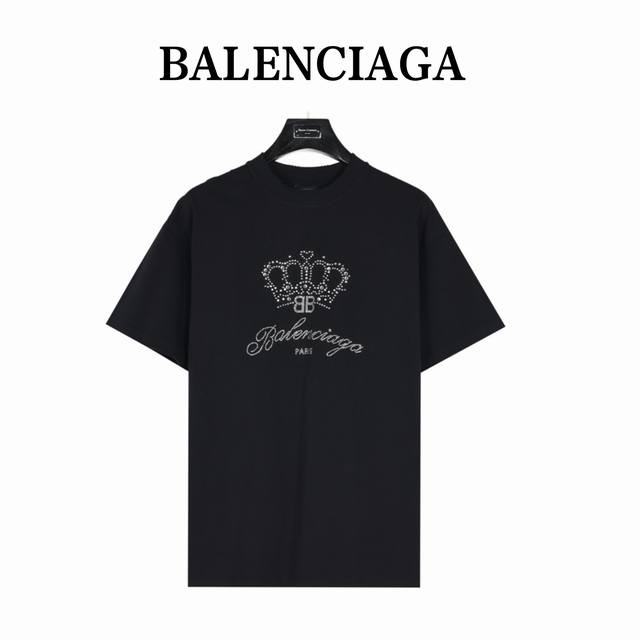 Balenciaga 巴黎世家 皇冠烫钻短袖T恤 定织定染280g长绒棉 采用进口奥钻 电脑排列形状后热压至衣身 外贸大厂代加工 做工走线完美无瑕 Size：S