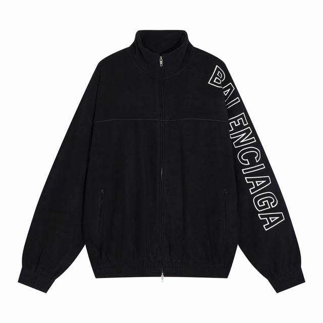 B014# 巴黎世家 Balenciaga秋冬新品 侧边万针刺绣大字母LOGO宽松拉链摇粒绒外套毛呢夹克 男女款 颜色：黑 码数：xs s m l