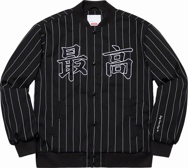 SUPREME 19SS PINSTRIPE VARSITY JACKET 最高 刺绣棒球夹克外套 卡其色 黑色 S M L XL