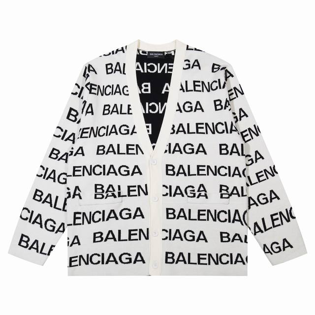 A08巴黎世家 Balenciaga23fw 满印字母logo 顶级纯毛羊毛开衫毛衣 颜色：黑 白 码数：XS S M L