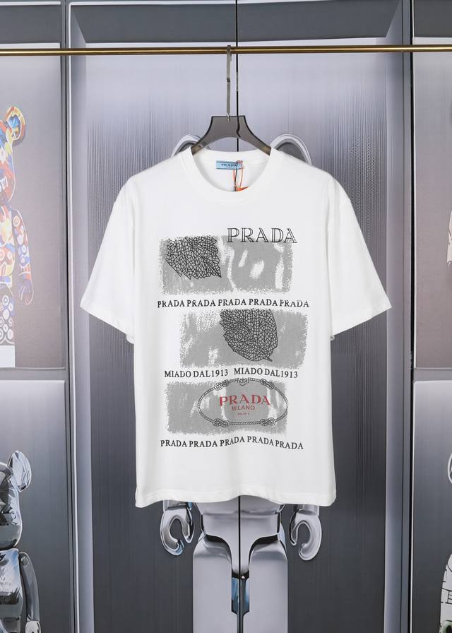 PRADA2024ss新款叶片印花短袖. 高品质重双磅纱280g32支爽滑纯棉洗手水感，前后片叶子字母采用进口原浆印花、面料舒适柔软.还特原殊工带艺来的潮流，定