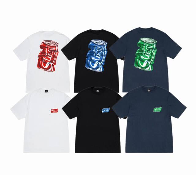 上新款号：S085 STUSSY斯图西 Stussy 夏季系列 字母Logo印花背后汽水罐图案印花圆领短袖T恤 男女同款 原版打造 细节高控 -面料精选220g