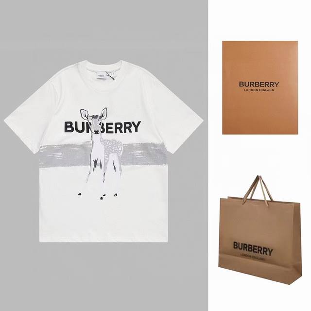 上新款号：b69 Burberry 巴宝莉 23ss 梅花鹿压花短袖 Size：XS S M L 夏季新款 白墨压花logo面料采用定织定染40支260g双纱面