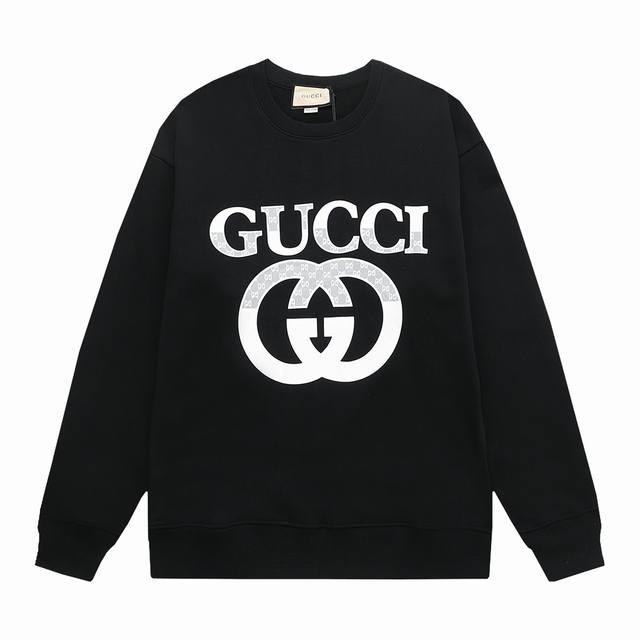 GUCCI 古驰 2024早秋新款 定制420g毛圈面料 数码喷印灰白双G字母logo 男女同款 圆领卫衣 颜色：黑 杏 尺码：XS-L