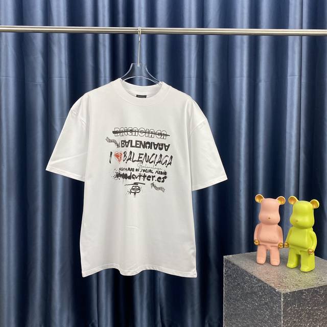 BALENCIAGA 巴黎世家 巴黎字母印花短袖T恤 定织定染280克精梳棉重磅面料 螺纹零色差 细节完美 区别市面通货版本 欢迎对比 男女同款 上图必卖款 颜