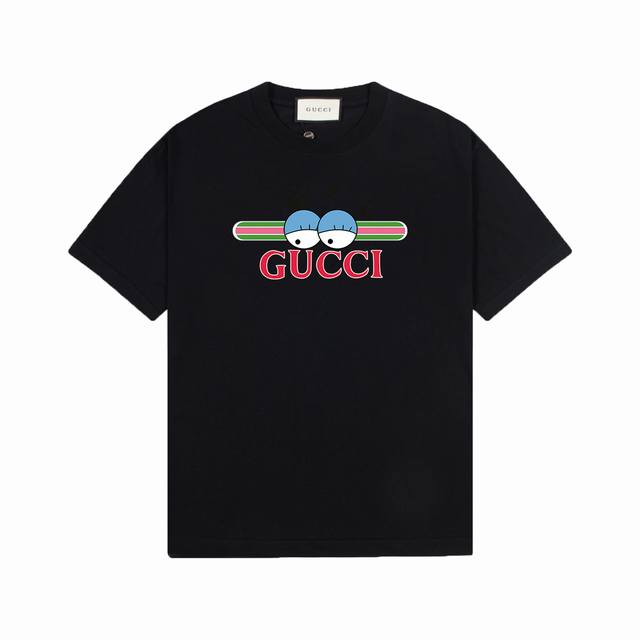 Gucci 古奇] 2024FW短袖T恤 LOGO印花 高端32s双纱260克面料 重磅面料 定制拉架罗纹同缸同染 三标齐全 男女同款 颜色：黑色 白色 尺码：