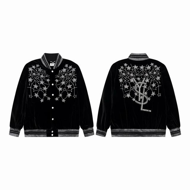 款号：D20 -SAINT LAURENT SLP 圣罗兰满天星烫钻金丝绒夹克棒球服 -周震南 李宇春等明星同款 - YVES SAINT LAURENT是推出