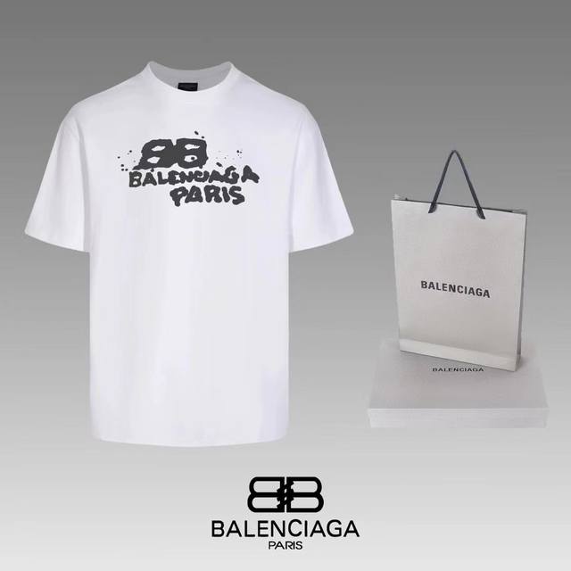 BALENCIAGA 24ss水墨BB涂鸦破洞水洗短袖t恤 正确版本随意对比 手工环保丝网水浆印花工艺 手工磨破重工水洗 工艺 双针车线跨缝工艺 原版主唛水洗吊