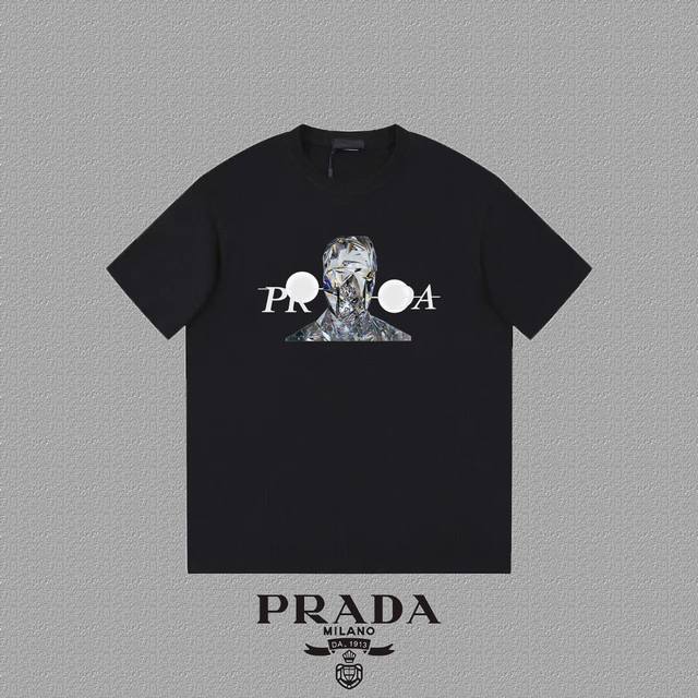 Prada 普拉达] 2024FW短袖T恤 LOGO印花 高端32s双纱260克面料 重磅面料 定制拉架罗纹同缸同染 三标齐全 男女同款 颜色：黑色 白色 尺码