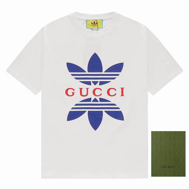 adidas X Gucci联名 火爆新款三叶草logo短袖 采用德国进口水印印花 订织订染 270克搭配32支双纱面料 单独开模订制版布辅料 三标齐全 OS版