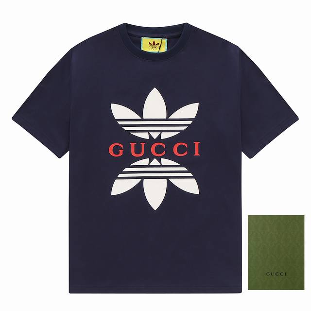 adidas X Gucci联名 火爆新款三叶草logo短袖 采用德国进口水印印花 订织订染 270克搭配32支双纱面料 单独开模订制版布辅料 三标齐全 OS版