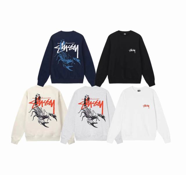 毛圈 加绒 上新 款号：S3058 STUSSY 斯图西 Stussy SCORPION TEE 背面蝎子印花圏案圆领卫衣男女同款 宽松版型 采用380克双股大