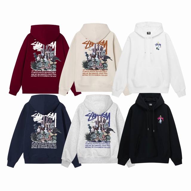 毛圈 加绒 上新 款号：S2053 STUSSY 斯图西 Psvchedelic Hood 幻觉印花圆领连帽卫衣 男女同款 不起球不掉色 大毛圈落肩版型 二本针