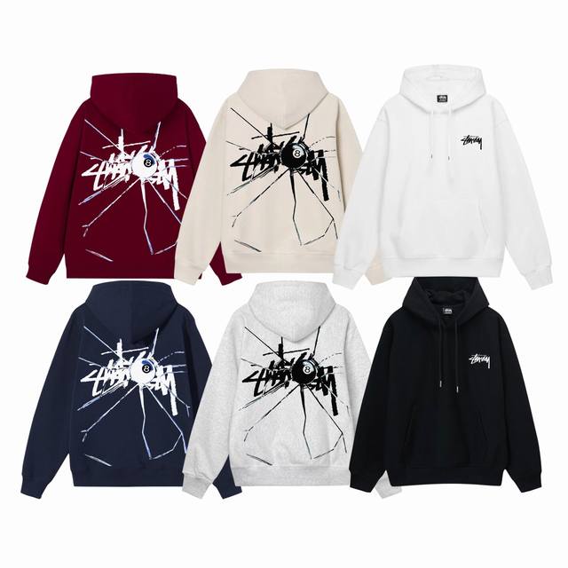 毛圈 加绒 上新 款号：S2052 STUSSY 斯图西 8球系列 SHATTEREDTEE 破碎黑8图案字母Logo印花圆领连帽卫衣 男女同款 不起球不掉色