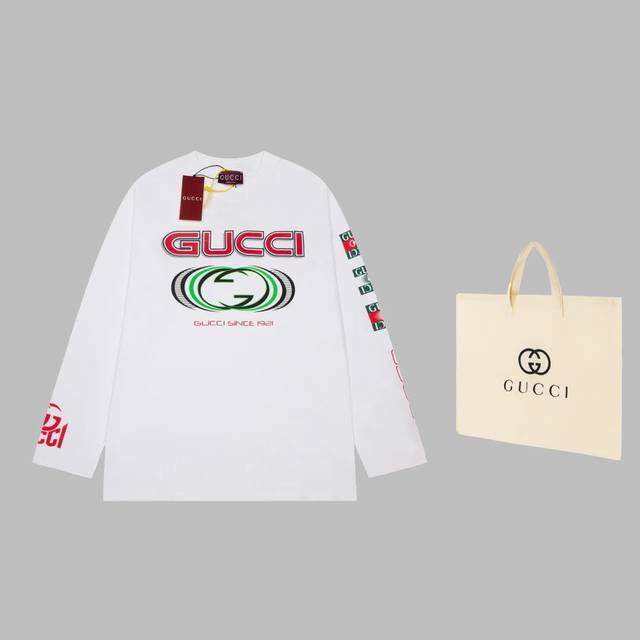 可配手提袋5 高品质 Gucci 古驰 明星同款满身logo标识圆领长袖T恤 采用立体印花工艺绣花工艺 区别于普通的印花图标跟刺绣 定织纯棉面料，舒适透气不易变